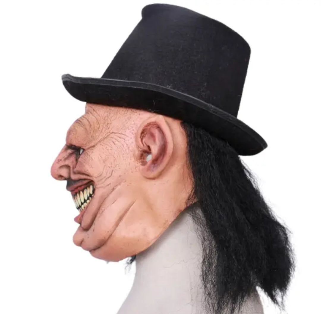 Zombie latex Halloween mask with hat and hair.