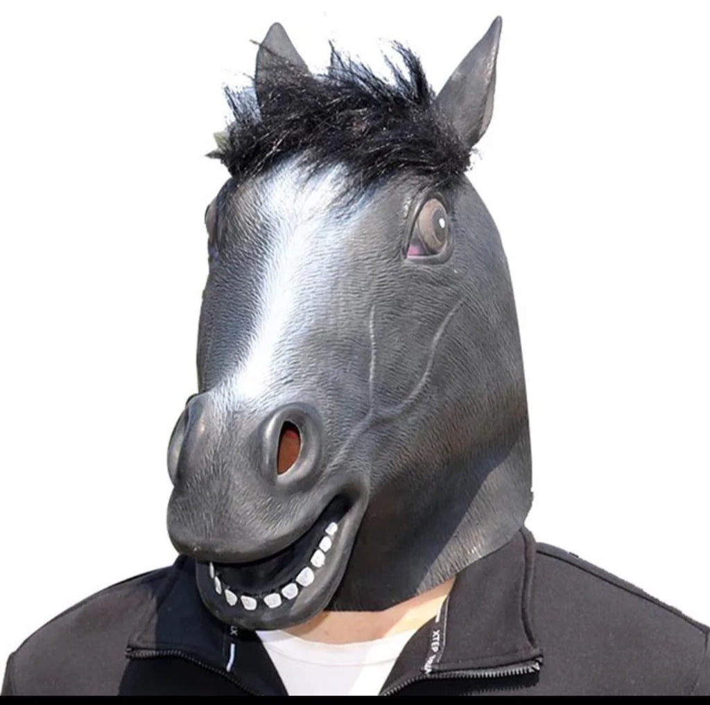 Person wearing a horse head mask 