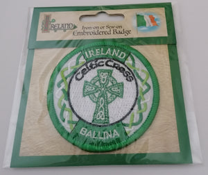 Iron on or sew on Ballina Celtic cross badge.