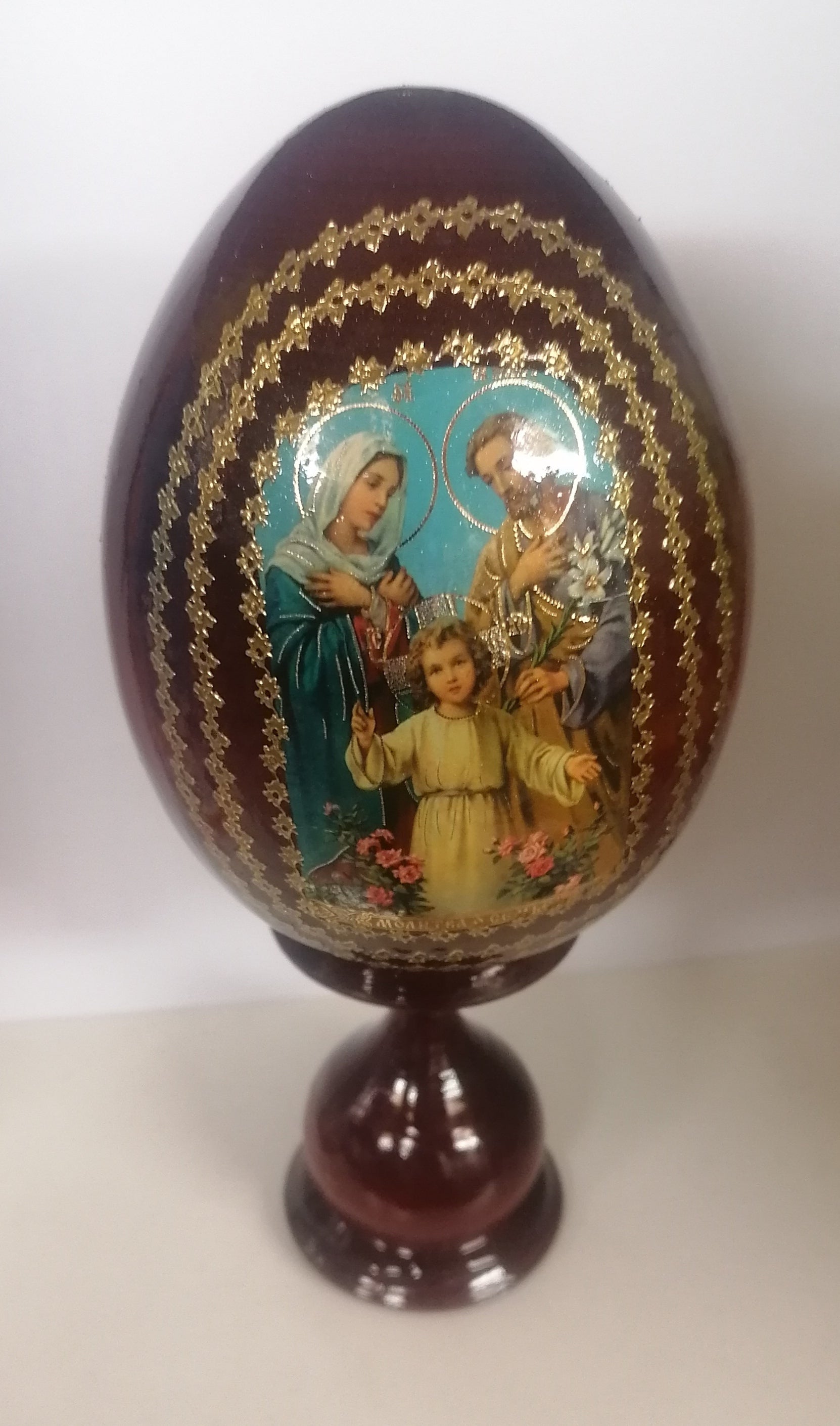 Large hand made holy religious wooden ornament Holy family